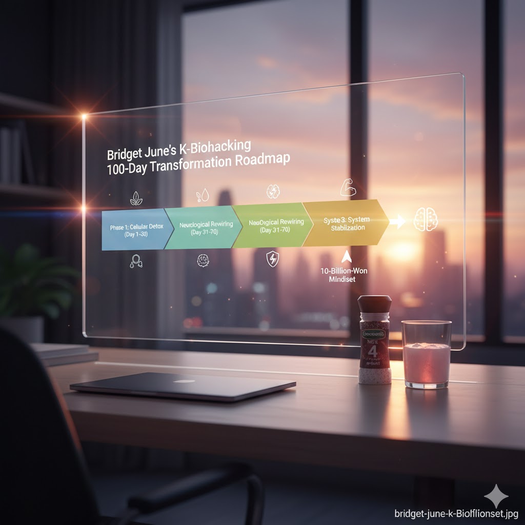 세포 해독, 신경계 재편, 시스템 안정화 단계를 통해 100억 자산가 마인드셋을 구축하는 Bridget June의 전략적 100일 K-바이오해킹 로드맵.