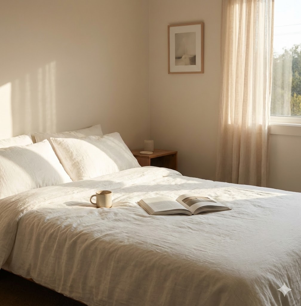 Warm sunlight streaming into a cozy bedroom with unmade linen bedding and a ceramic cup, representing a relaxed morning.