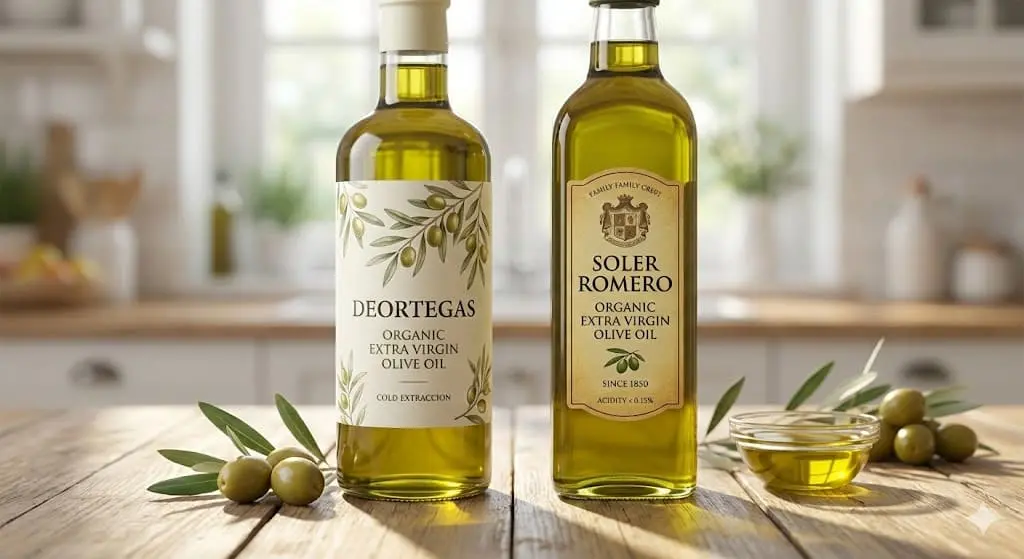 Two bottles of premium organic extra virgin olive oil, Deortegas and Soler Romero, standing side by side on a sunny wooden table, representing Bridget June's top recommendations.