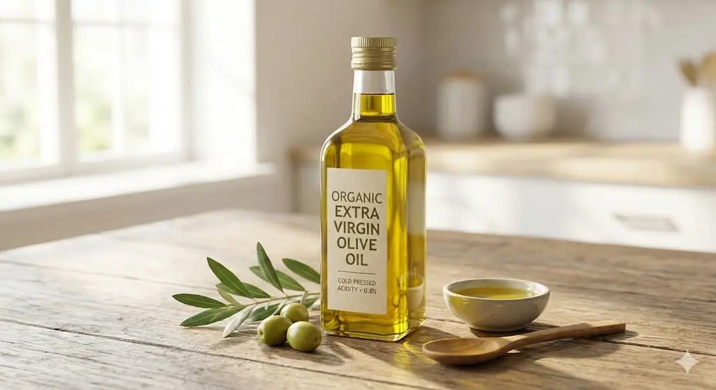 A bottle of premium organic extra virgin olive oil with fresh green olives on a wooden table, bathed in warm morning sunlight, representing a healthy anti-aging diet.