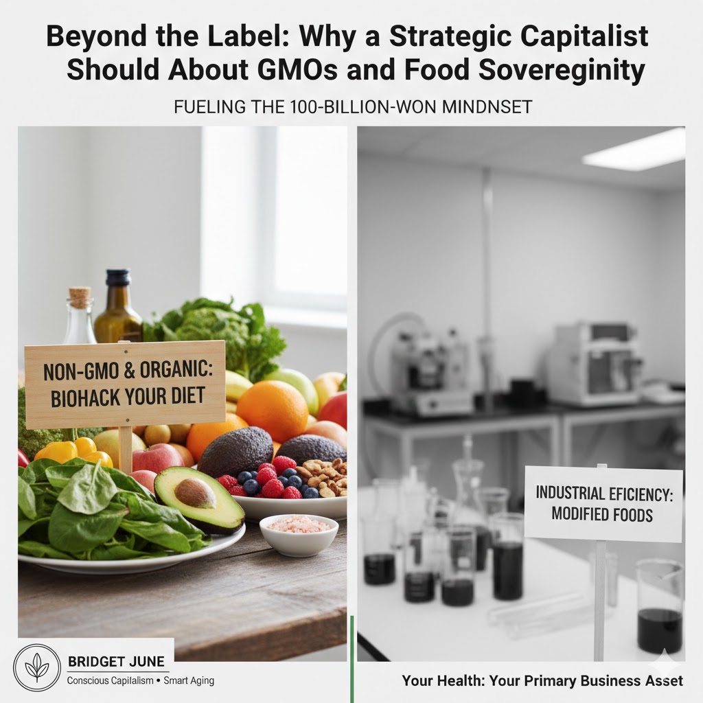 A split screen showing fresh organic vegetables and fruits on the left, and a grayscale industrial lab representing modified foods on the right.