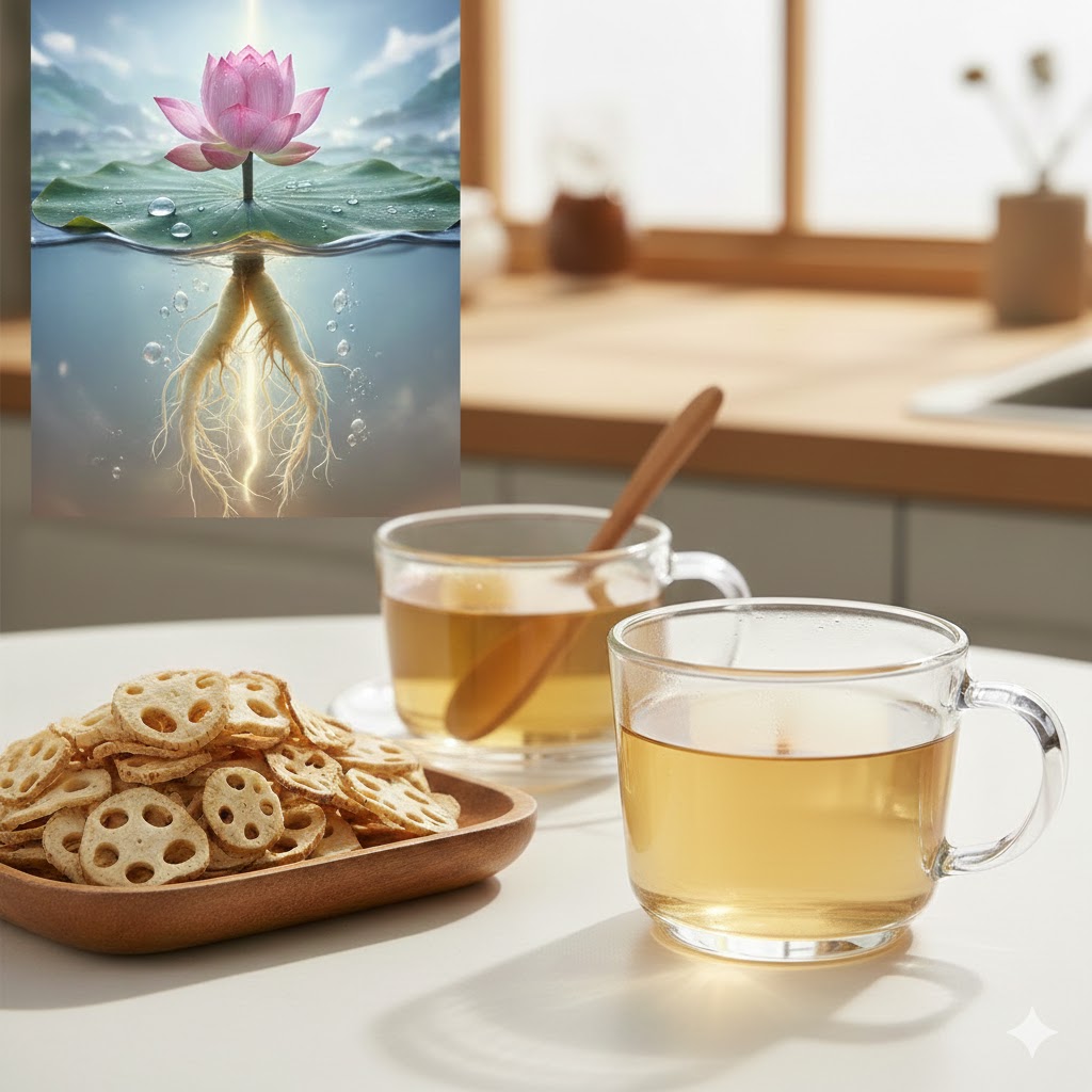 Golden-brown, traditionally roasted lotus root slices on a wooden plate.