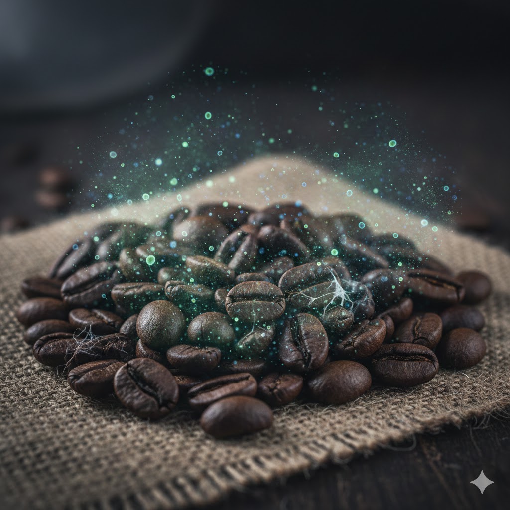 A close-up shot of porous coffee beans illustrating how they absorb environmental toxins like a sponge.