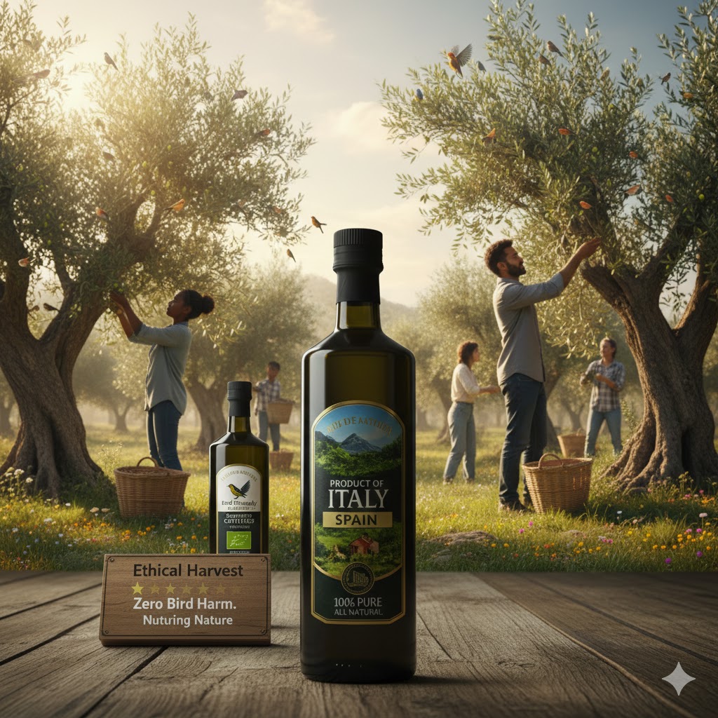 A peaceful olive grove where people are harvesting olives by hand, featuring a sign that says "Ethical Harvest - Zero Bird Harm" to emphasize bird-friendly farming practices.
