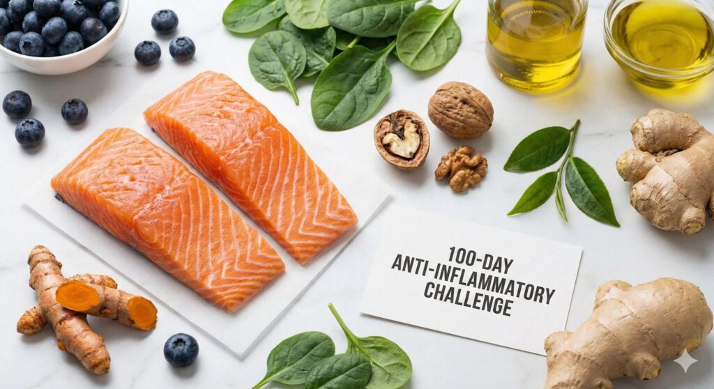 Fresh anti-inflammatory ingredients including turmeric root, wild salmon, blueberries, and spinach arranged on a marble table.