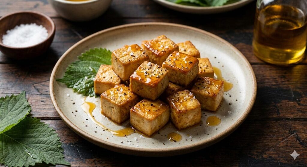 Golden brown tofu cubes pan-fried in cold-pressed perilla oil, providing a high-protein, Omega-3 rich biohacking meal.