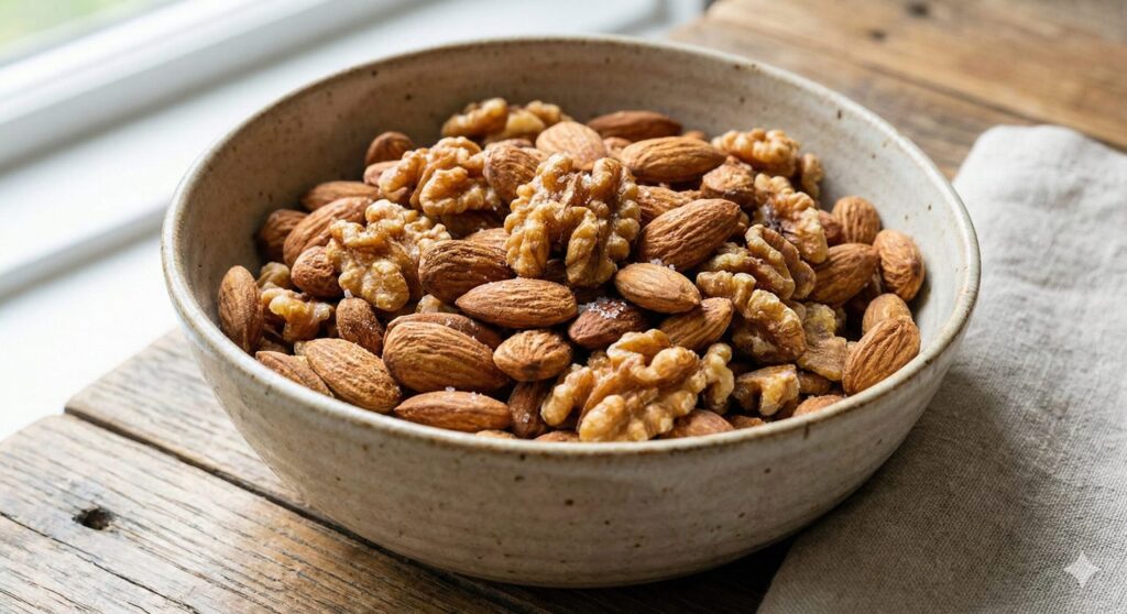 A close-up photograph of a bowl filled with dried, activated almonds and walnuts, looking crispy and clean, ready for a healthy snack.