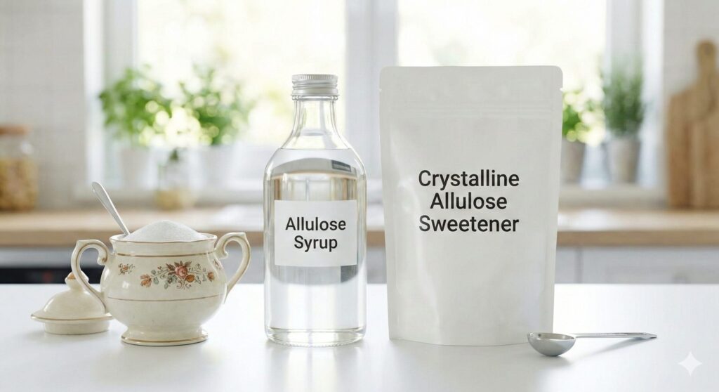 혈당을 올리지 않는 0칼로리 천연 감미료 알룰로스 시럽과 분말이 깨끗한 주방에 놓여 있는 모습.