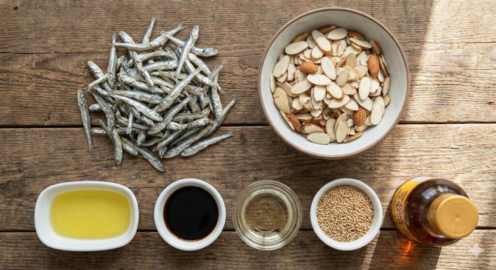 Fresh biohacking ingredients for almond and anchovy stir-fry, featuring premium small dried anchovies, sliced almonds, avocado oil, and allulose syrup on a rustic wooden table.
