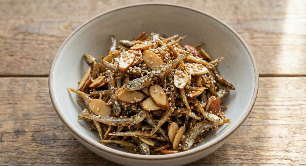 A close-up of the finished crispy Korean stir-fried anchovies with almonds (Myeolchi-bokkeum) in a ceramic bowl, showing the glossy, sesame-seed coated texture.