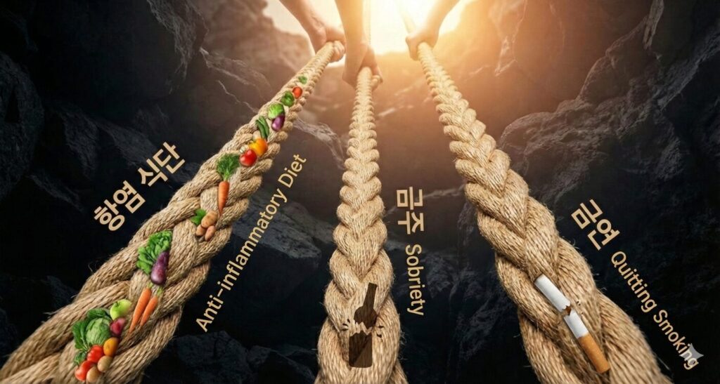 어둠의 바닥에서 사람을 구해내는 '항염 식단', '금주', '금연'이라고 적힌 세 개의 강력한 동아줄, 생존과 성공을 향한 희망을 상징.