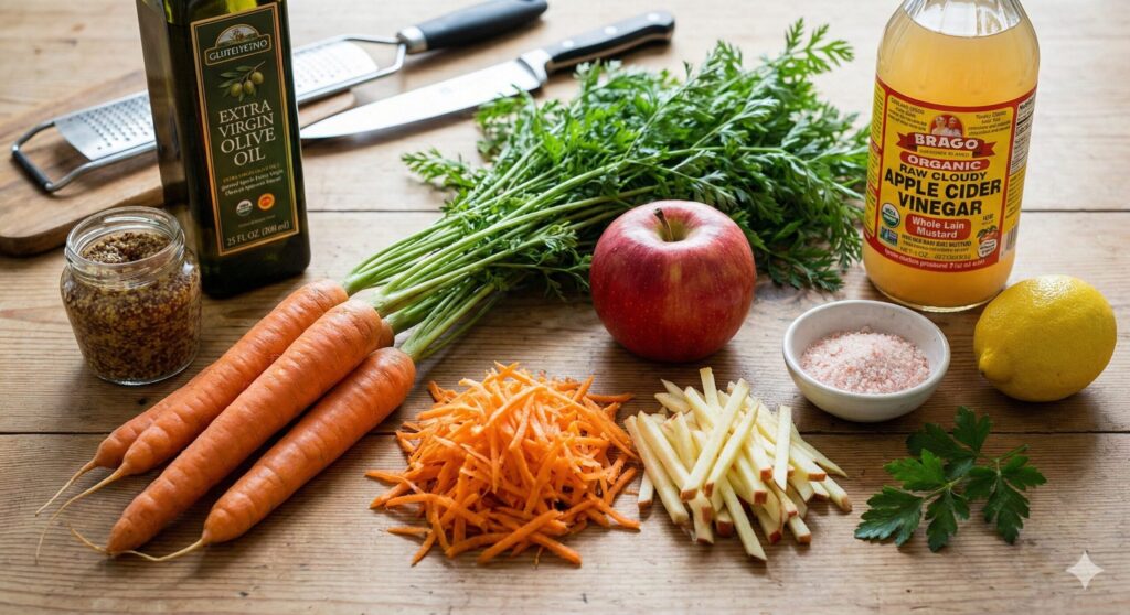 잎이 달린 신선한 당근, 빨간 사과, 올리브 오일 병, 홀그레인 머스타드 소스가 우드 테이블 위에 놓인 모습.