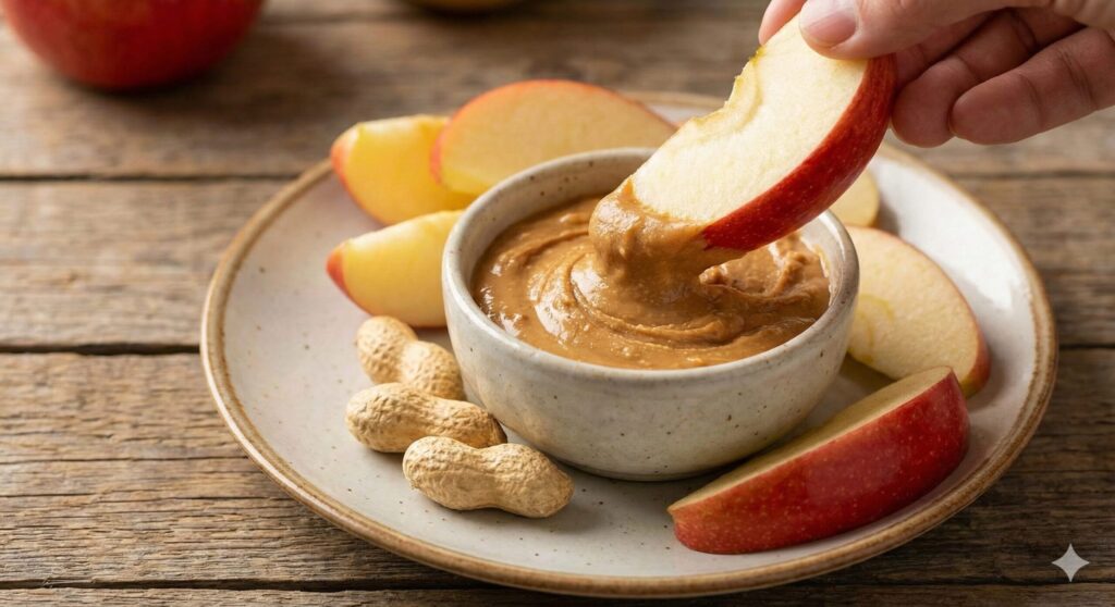 Fresh apple slices being dipped into thick, natural peanut butter, a biohacking snack pairing for blood sugar stabilization and satiety.