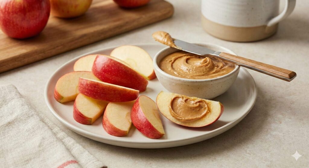 혈당을 안정시키고 건강한 지방을 제공하는 바이오해킹 간식 조합인, 천연 땅콩버터를 곁들인 아삭한 사과 슬라이스.