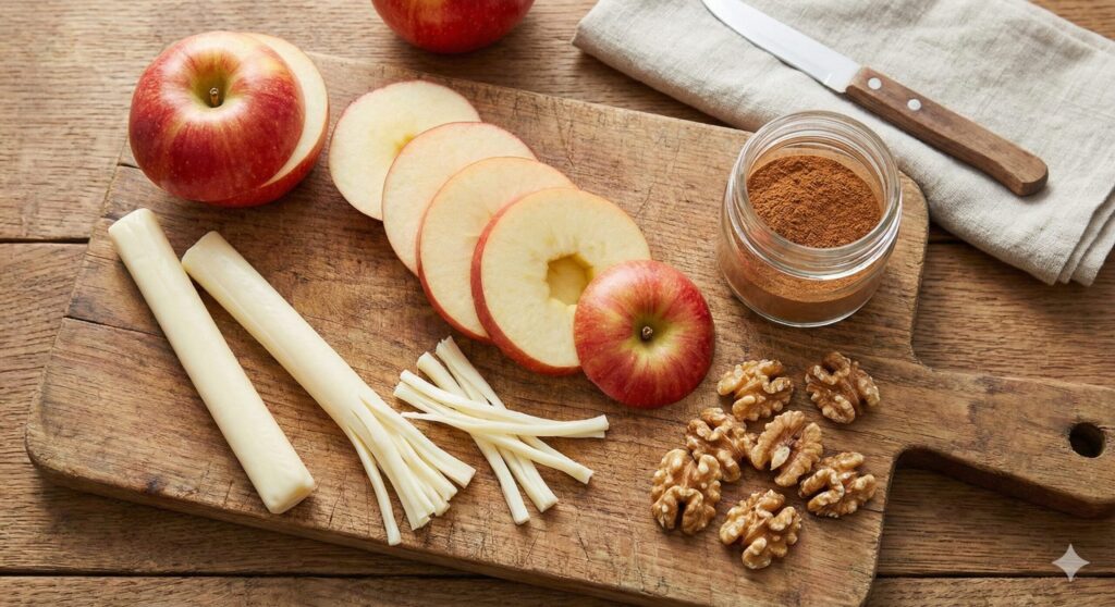 Fresh red apple slices, two sticks of mozzarella string cheese, a jar of cinnamon powder, and walnuts arranged on a wooden board.