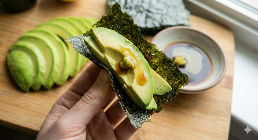 A hand holding a crisp seaweed wrap filled with creamy avocado and a touch of wasabi, representing a healthy keto biohacking snack.