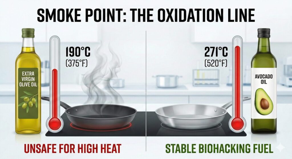 엑스트라 버진 올리브 오일(190°C)과 아보카도 오일(271°C)의 발연점 차이를 보여주는 교육용 차트. 올리브 오일은 고온에서 산화 위험이 있어 "고온 조리 불가"로, 아보카도 오일은 "안정적인 바이오해킹 연료"로 표시하여 요리용 오일을 바꿔야 하는 과학적 이유를 설명한다.