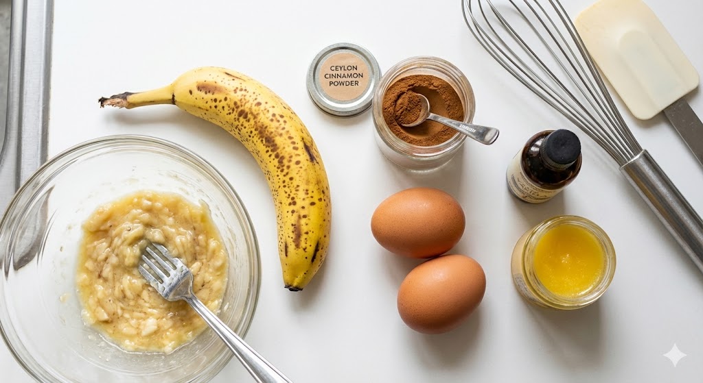 Fresh biohacking ingredients for flourless banana pancakes, including a ripe banana, two pasture-raised eggs, cinnamon, and ghee.