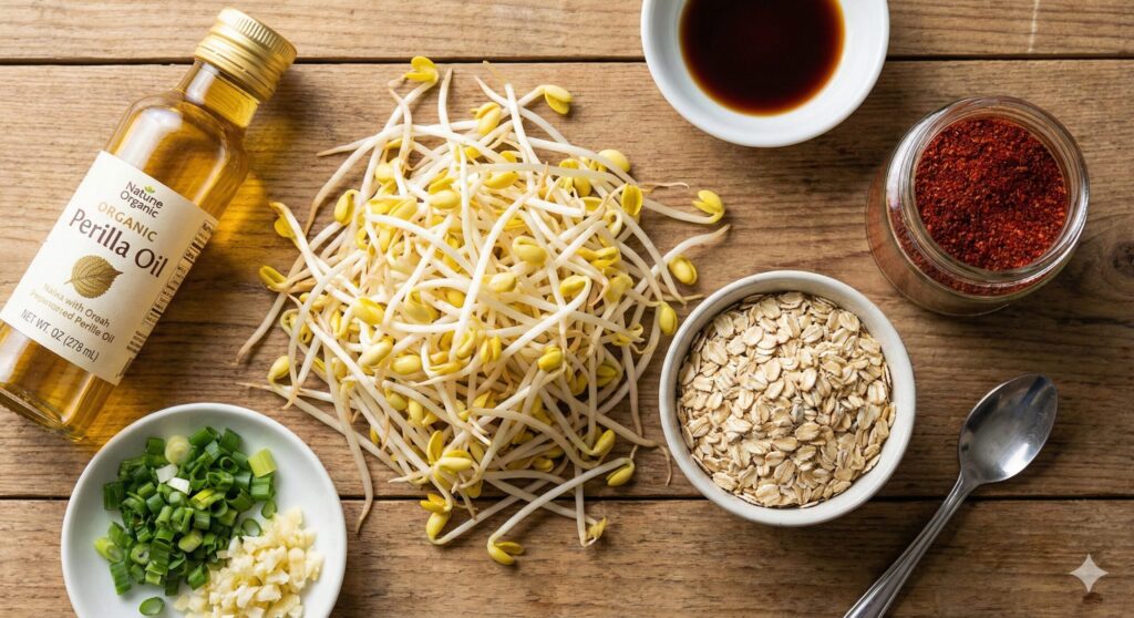 Fresh washed bean sprouts, a bowl of rolled oats, perilla oil bottle, and chopped green onions preparing for biohacking Korean recipe.