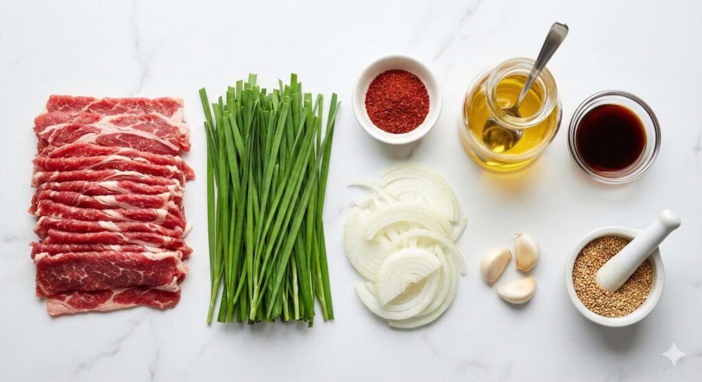 Measured raw ingredients for the biohacking beef and chive salad recipe including sliced beef, fresh chives, perilla oil, and spices.
