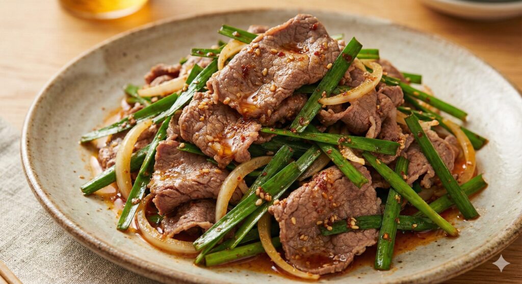 Plated fresh beef and garlic chive salad with perilla oil dressing, sprinkled with crushed sesame seeds, optimized for liver detox.