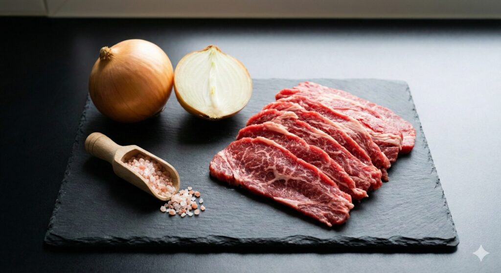 얇게 썬 붉은 소고기, 노란 양파 한 개, 핑크솔트가 담긴 슬레이트 접시. 미니멀리즘 바이오해킹 식단 재료.