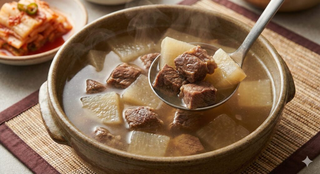 부드러운 소고기 덩어리와 투명하게 익은 무 조각으로 꽉 찬, 김이 모락모락 나는 든든한 바이오해킹 소고기 무국이 투박한 한국 도자기 그릇에 담긴 플레이팅.