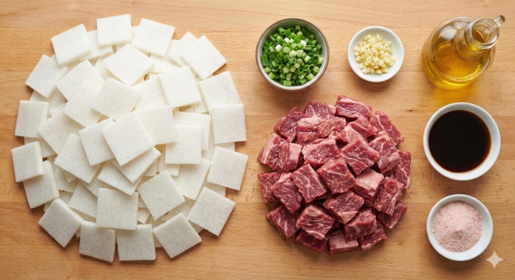 나박썰기한 많은 양의 무, 넉넉한 소고기 양지 큐브, 대파, 마늘, 들기름 등 '건더기 가득한' 바이오해킹 소고기 무국 레시피를 위해 정확히 계량된 원재료 모음.