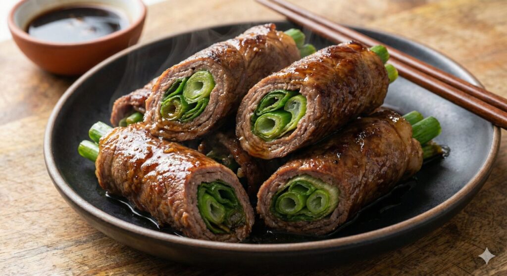 노릇하게 구워진 소고기 대파 말이의 먹음직스러운 단면 클로즈업. 육즙이 흐르는 고기 속에 익은 대파가 꽉 차 있고, 간장 소스가 윤기 나게 발라진 고단백 저탄수화물 메인 요리.