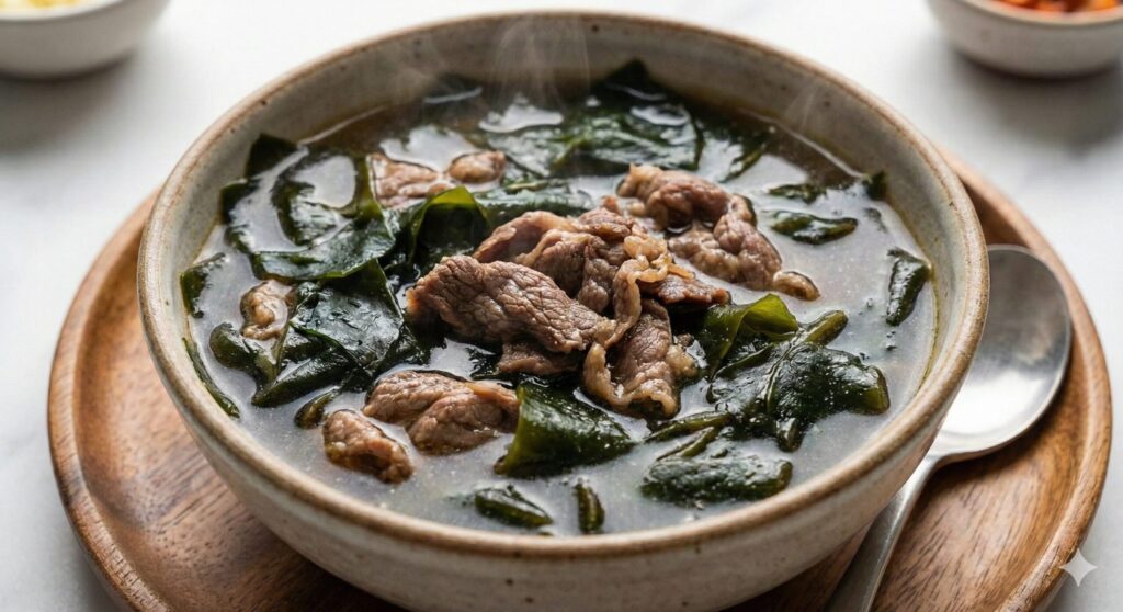 A steaming bowl of traditional Korean beef seaweed soup (Miyeok-guk), showing tender brown seaweed and slices of beef in a rich, deeply flavored broth.
