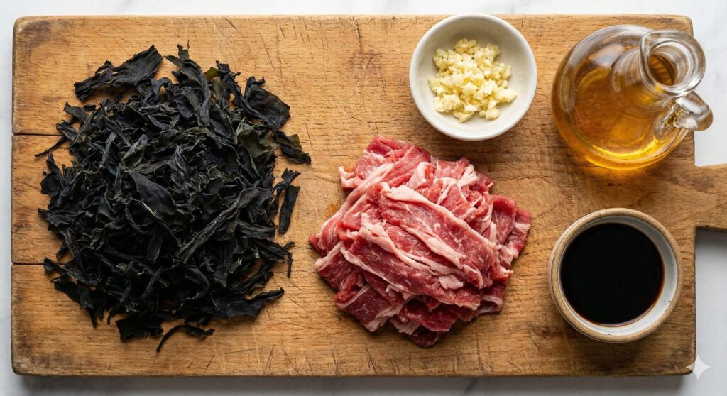 Fresh biohacking ingredients for beef seaweed soup, including dried wakame, sliced beef brisket, minced garlic, cold-pressed sesame oil, and traditional soup soy sauce.