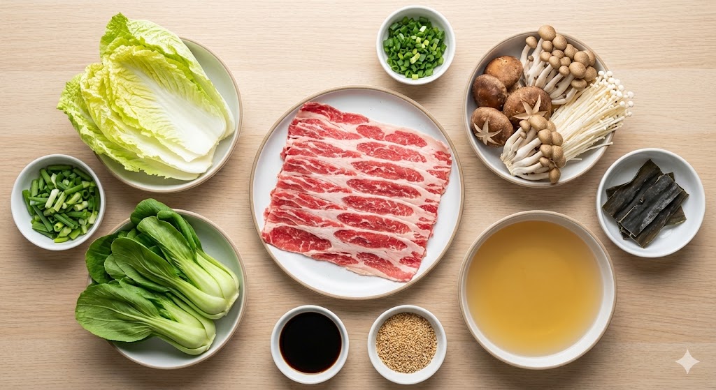 Fresh biohacking ingredients for beef shabu-shabu, including thinly sliced beef, dried kombu, diverse mushrooms, and leafy greens.