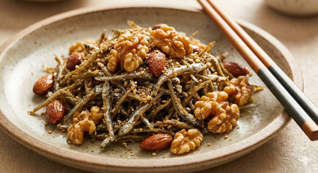 칼슘과 오메가-3 생체 이용률을 위해 생들기름으로 코팅하고 통깨를 뿌린 완성된 바삭한 바이오해킹 멸치볶음 플레이팅.