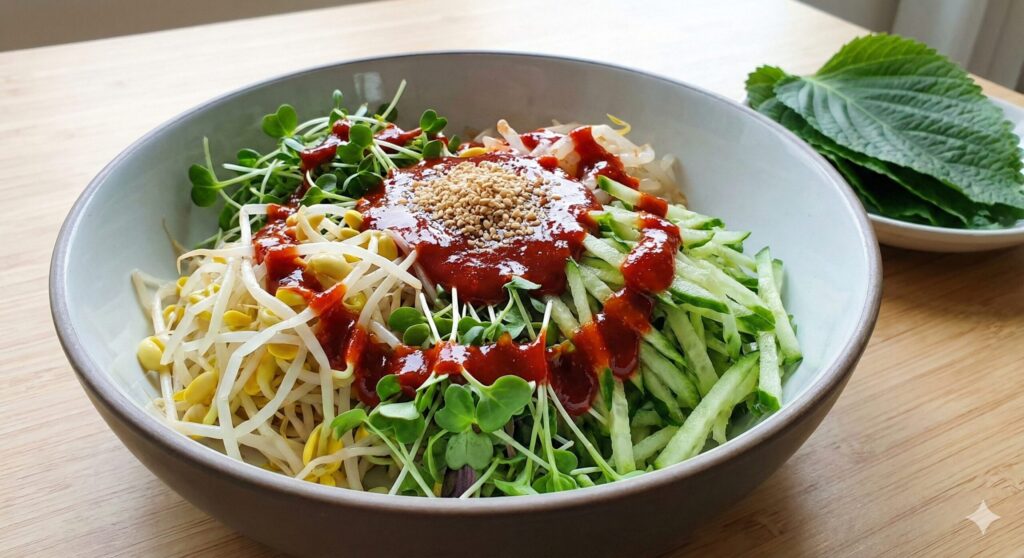 식초와 들기름을 섞은 '혈당 방어형' 고추장 비빔 소스가 얹어진 신선한 콩나물과 키토 친화적 식재료가 담긴 그릇. 생기 넘치는 건강한 한식.