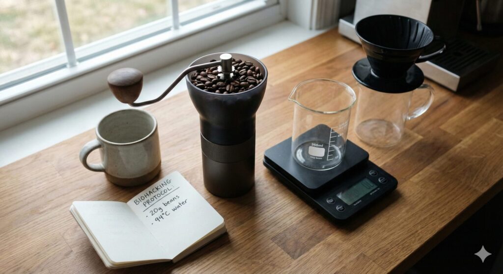 바이오해킹 모닝 루틴을 위해 준비된 신선한 로스팅 원두와 핸드 그라인더