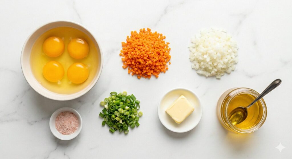 목초란, 다진 당근, 양파, 대파, 버터, 들기름 등 바이오해킹 계란말이 레시피를 위해 정확히 계량된 원재료 모음.