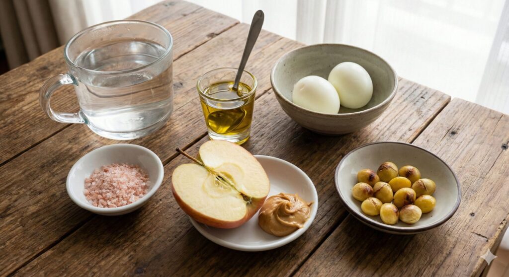 따뜻한 물, 핑크 솔트, 올리브 오일 샷, 삶은 계란, 사과와 땅콩버터, 구운 은행 등 포만감과 인지 기능을 위한 바이오해킹 모닝 루틴 한 상 차림.
