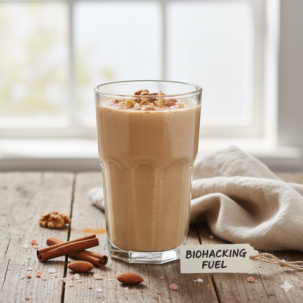 깨끗한 단백질 파우더에 견과류와 시나몬을 곁들인 바이오해킹 단백질 스무디.