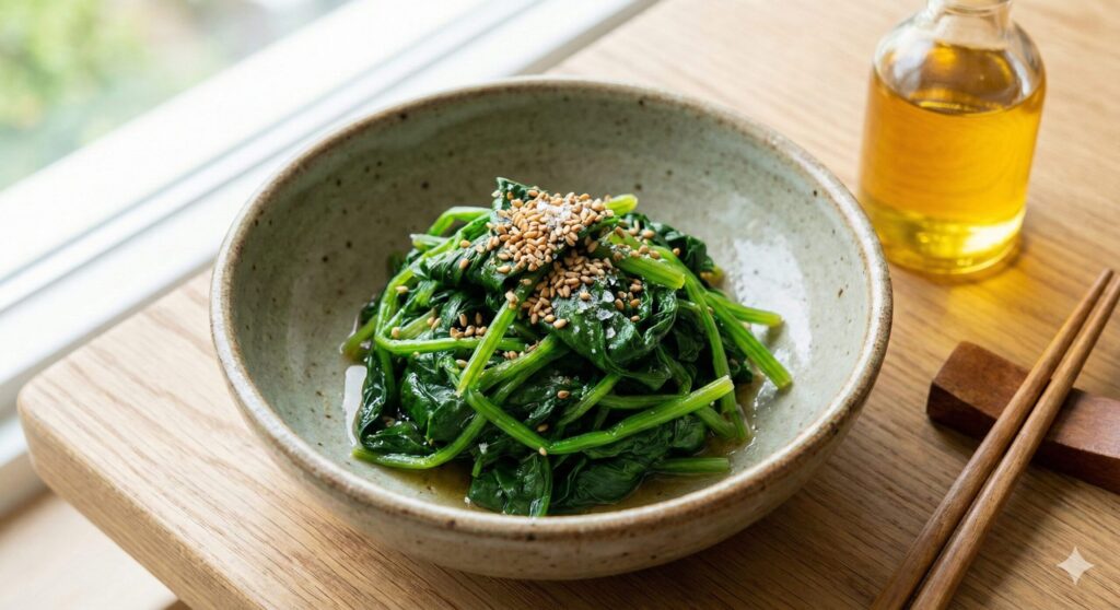 Spinach blanched for 30 seconds to remove oxalates, tossed with cold-pressed perilla oil for a 3-minute biohacking meal.