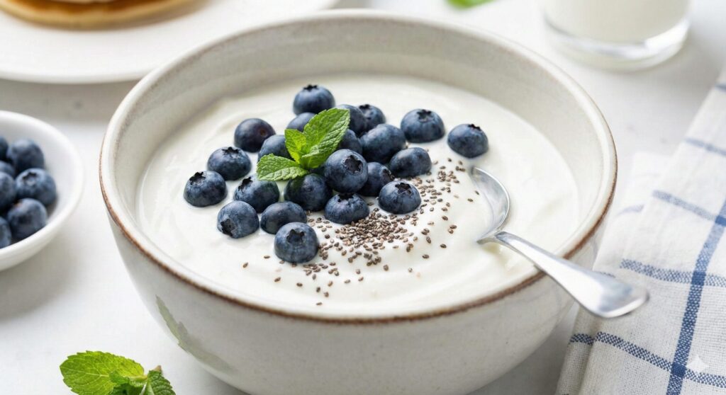 신선한 블루베리와 치아씨드를 얹은 플레인 그릭 요거트로 구성된 건강한 아침 식사 볼, 바이오해커를 위한 완벽한 인지 능력 스택.