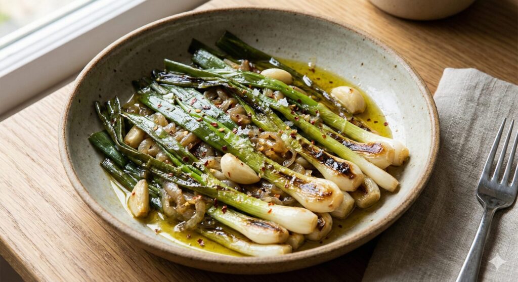 올리브유에 노릇하게 구워진 대파 요리. 혈관 건강을 돕는 바이오해킹 레시피의 완성된 모습.