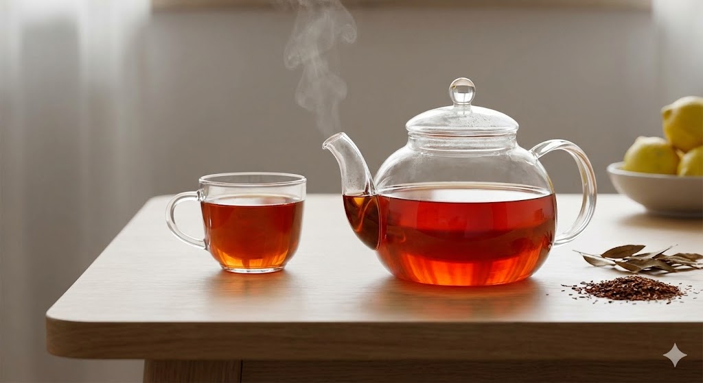 항산화 성분인 아스팔라틴이 풍부하게 우러난 선명한 붉은 빛깔의 루이보스티가 미니멀한 나무 테이블 위 투명한 유리 티팟에 담겨 있는 모습