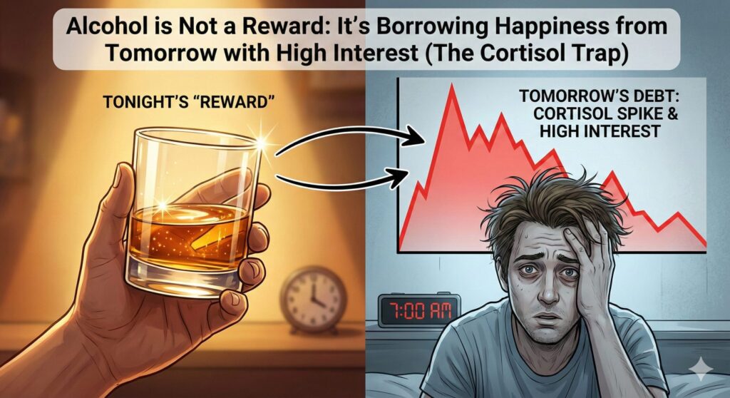 건강한 뇌와 알코올로 인해 회백질이 감소한 뇌를 비교하여 '액체 신경독소'의 영향을 보여주는 개념도.