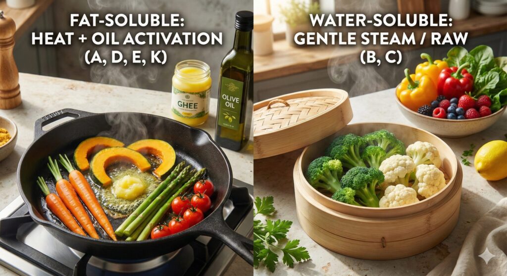지용성 비타민 흡수를 위해 기버터에 볶는 당근과 수용성 비타민 보존을 위해 가볍게 찐 브로콜리를 비교한 최적의 조리법 이미지.
