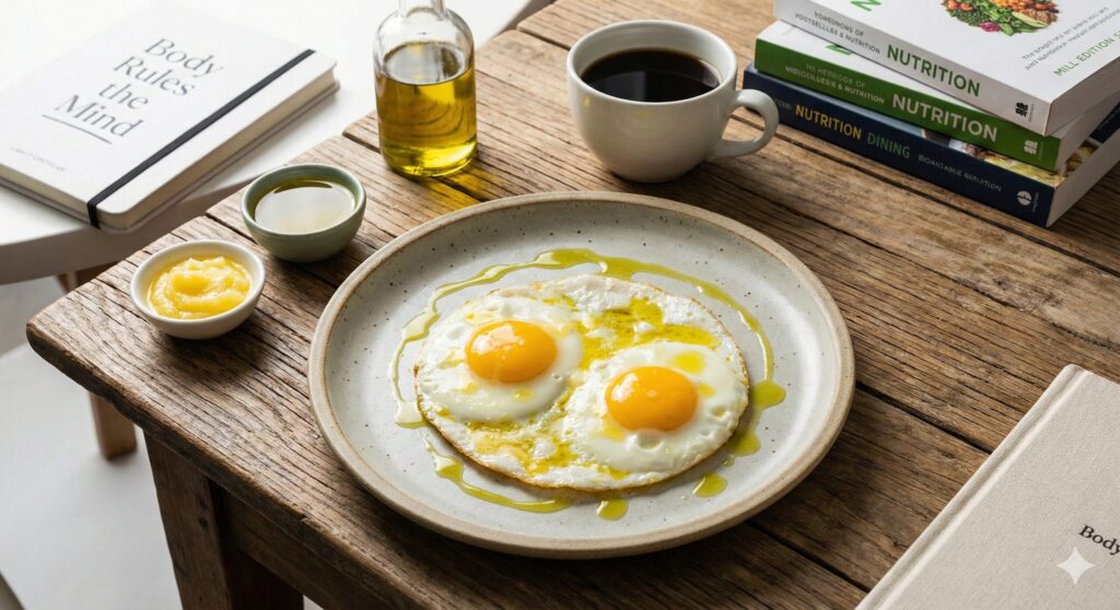 Ingredients for Bridget June's biohacking breakfast: two organic eggs, extra virgin olive oil, and ghee butter on a wooden table.