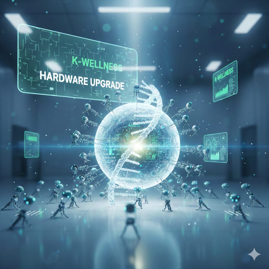 미래의 역노화 기술 수용을 위해 신체 하드웨어를 최적화하는 브리짓 준의 한국형 바이오해킹 전략 이미지.