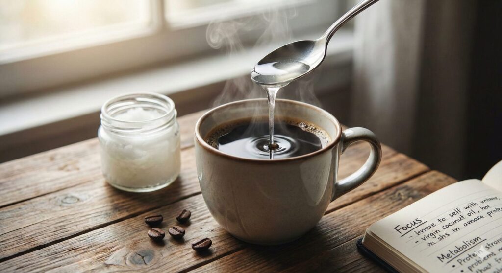 A close-up photo of a hand stirring a spoonful of virgin coconut oil into a steaming cup of black coffee, representing a biohacking morning routine for instant focus and metabolic boost.