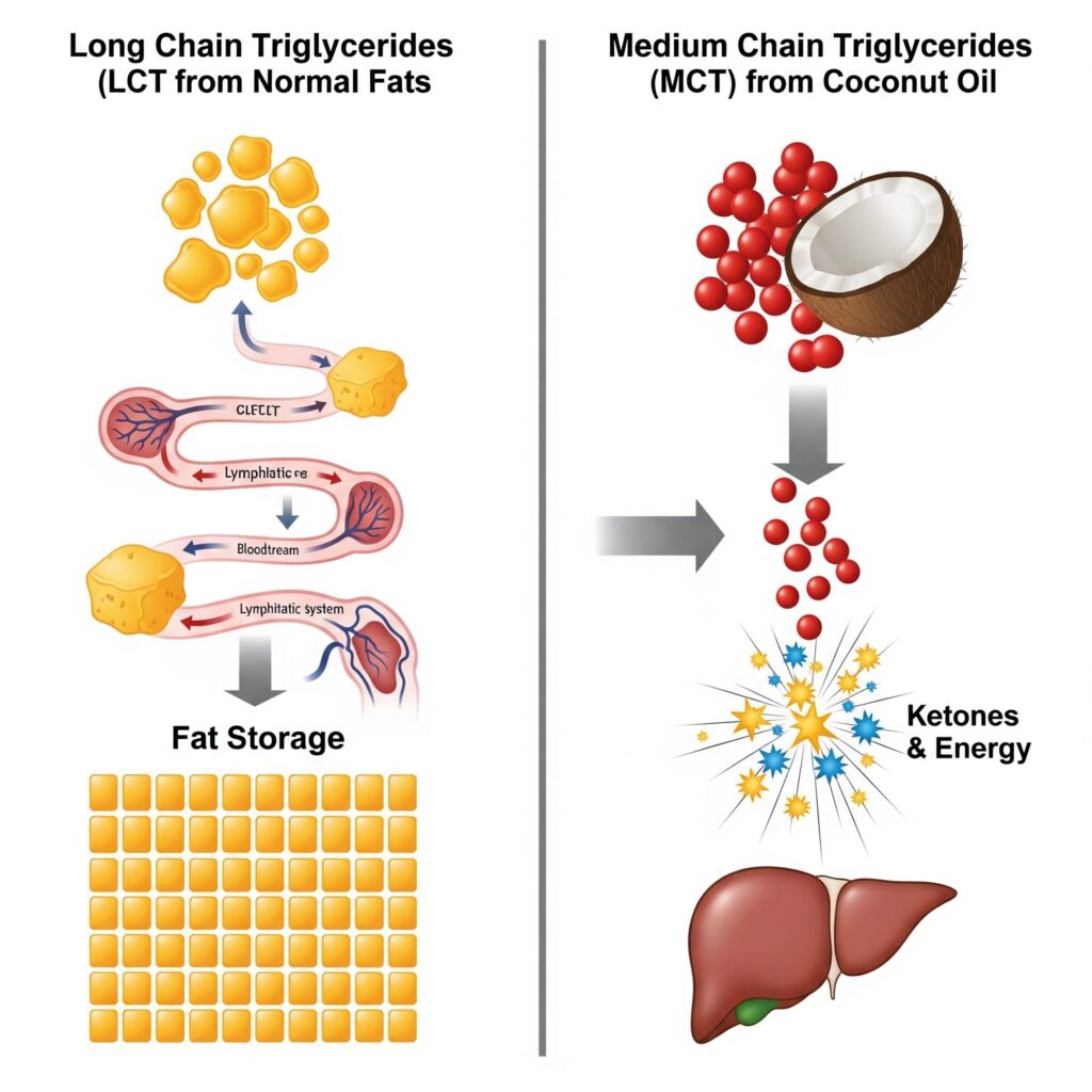  A scientific diagram illustrating how Medium-Chain Triglycerides (MCTs) in coconut oil bypass normal digestion and go straight to the liver to produce ketones for instant energy, unlike Long-Chain Triglycerides (LCTs) which are stored as fat.