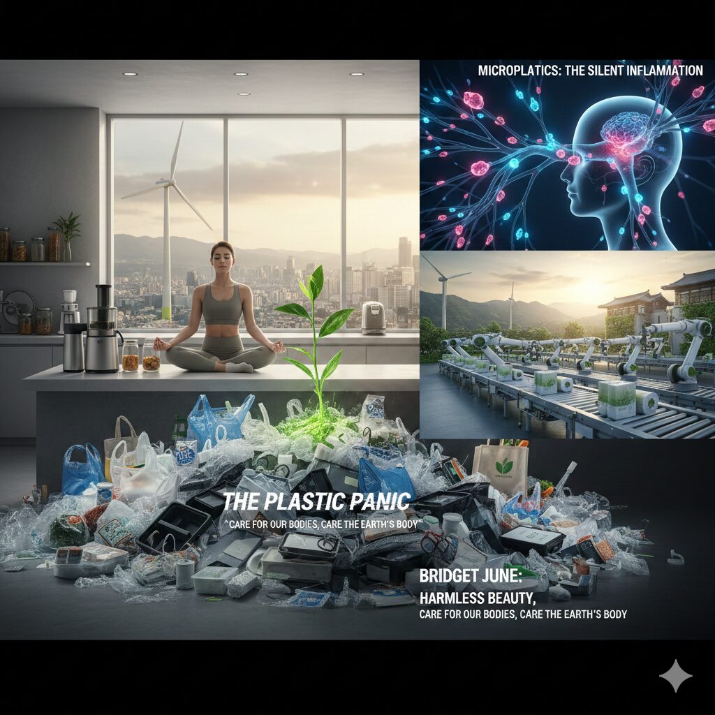 A conceptual split-screen image for Bridget June's ESG vision: The left side shows a woman meditating in a clean, sustainable kitchen representing biohacking, while the right side displays microplastics affecting human brain health and an eco-friendly smart factory in Korea producing sustainable packaging to protect both human and Earth's bodies.
