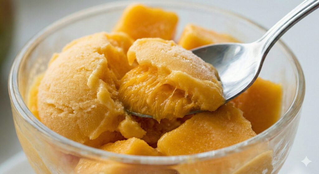 A close-up shot of slightly thawed frozen mango chunks in a glass bowl, showing a creamy, sorbet-like texture that serves as a perfect natural alternative to ice cream.